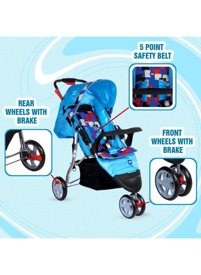 Mee Mee Baby Stroller/Pram for 0-3 Years - Spacious Storage, Feeding Tray, Recline, Reversible Handlebar, Safety Harness, Cushioned Seat (Blue) - Image 3