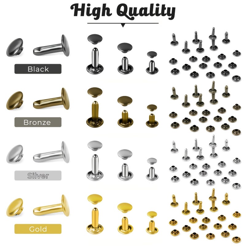 724 قطعة من مسامير الجلد ذات الغطاء المزدوج، 4 ألوان، 3 أحجام، مع أداة التثبيت. - Image 3
