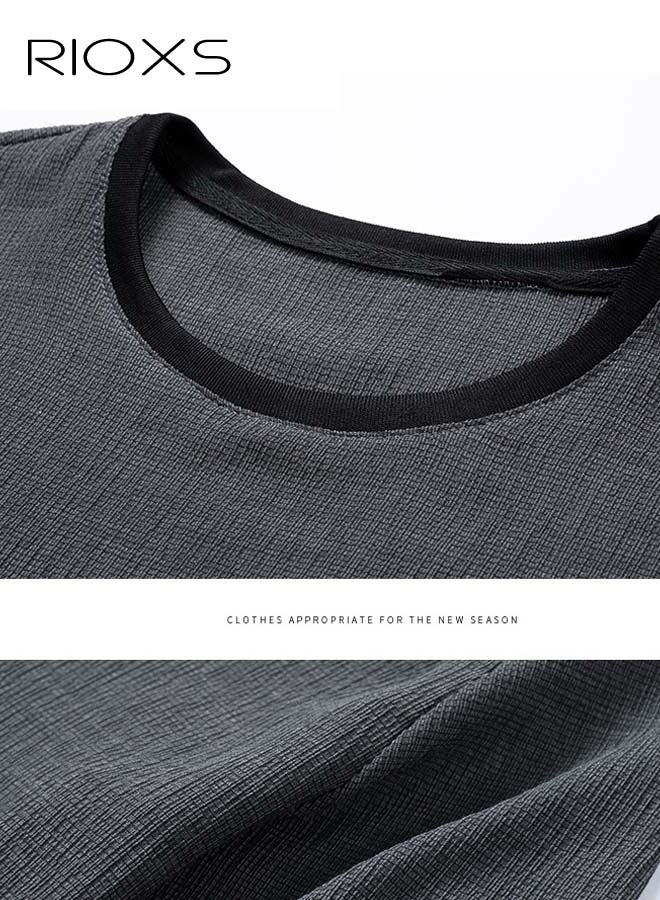RIOXS Men's Two Piece Set,Comfy Summer Outfits,Short Sleeve T Shirts And Drawstring Waist Shorts,Casual Tops And Shorts Set,Breathable Crewneck Ringer Tee And Shorts For Men Indoor Outdoor Wear, Men's Grey 2-Piece Lightweight Set  - Image 2