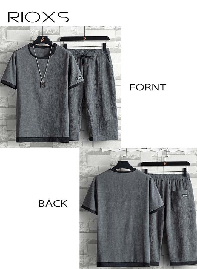 RIOXS Men's Two Piece Set,Comfy Summer Outfits,Short Sleeve T Shirts And Drawstring Waist Shorts,Casual Tops And Shorts Set,Breathable Crewneck Ringer Tee And Shorts For Men Indoor Outdoor Wear, Men's Grey 2-Piece Lightweight Set  - Image 3