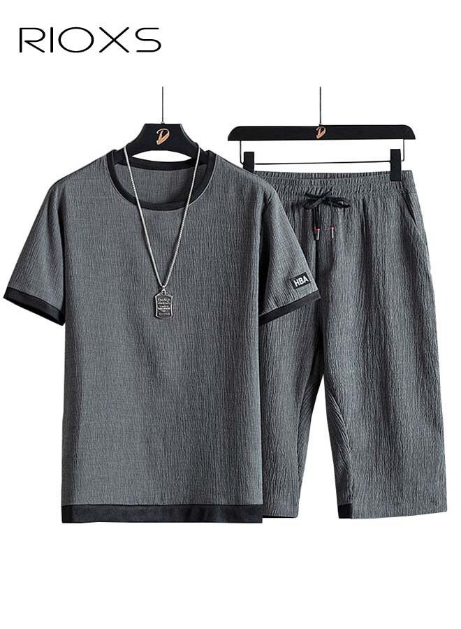 RIOXS Men's Two Piece Set,Comfy Summer Outfits,Short Sleeve T Shirts And Drawstring Waist Shorts,Casual Tops And Shorts Set,Breathable Crewneck Ringer Tee And Shorts For Men Indoor Outdoor Wear, Men's Grey 2-Piece Lightweight Set  - Image 1