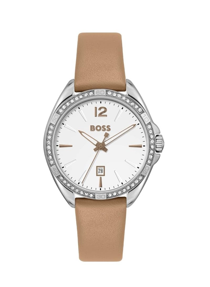 BOOS BOSS Felina Qtz Basic Calendar White Round Dial Women's Watch|Brown Leather Material|Brown Color Band - 1502644 - Image 1