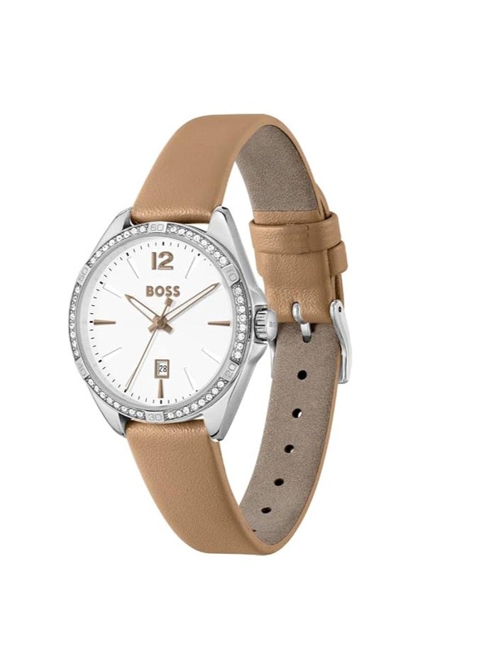 BOOS BOSS Felina Qtz Basic Calendar White Round Dial Women's Watch|Brown Leather Material|Brown Color Band - 1502644 - Image 2