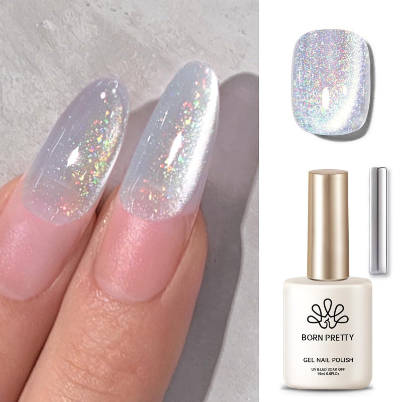 Born Pretty White Glitter Cat Magnetic Eye Gel Nail Polish, Holographic Glitter Iridescent Polish Soak Off Manicure Salon DIY Gifts 15ML - Image 1