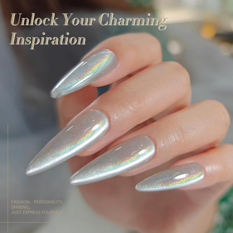 Born Pretty White Glitter Cat Magnetic Eye Gel Nail Polish, Holographic Glitter Iridescent Polish Soak Off Manicure Salon DIY Gifts 15ML - Image 3