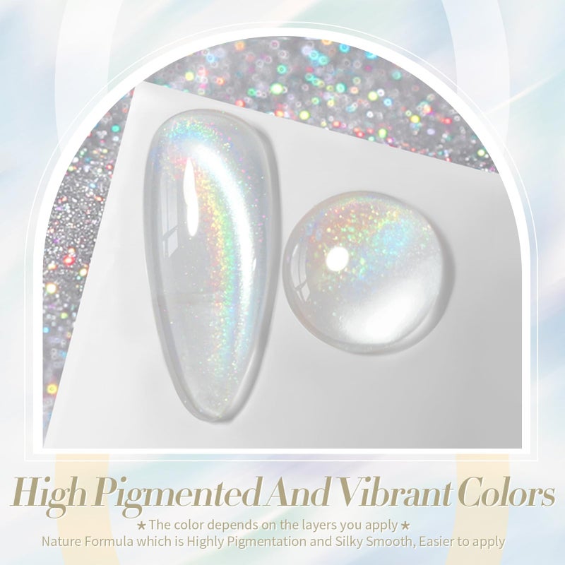 Born Pretty White Glitter Cat Magnetic Eye Gel Nail Polish, Holographic Glitter Iridescent Polish Soak Off Manicure Salon DIY Gifts 15ML - Image 2