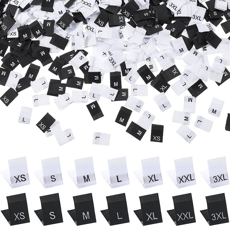 TecUnite 700 Pieces Clothing Size Tags Sewing Woven Garment Size Labels Mix Clothing Crafting Ribbons Clothes Garment Fabric Embroidered Label Tags XS3XLWhite Black