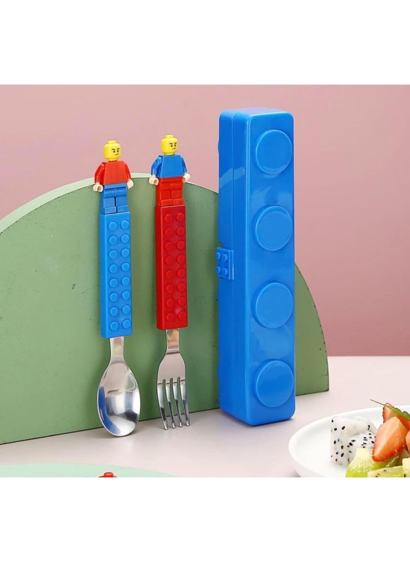 Gold Leaf GOLD LEAF Building Block Cutlery Set Spoon and Fork with building blocks Figures ans case For Kids Adults Utensils for Party Blue and Red set  - Image 3