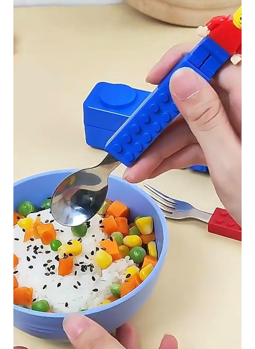 Gold Leaf GOLD LEAF Building Block Cutlery Set Spoon and Fork with building blocks Figures ans case For Kids Adults Utensils for Party Blue and Red set  - Image 5