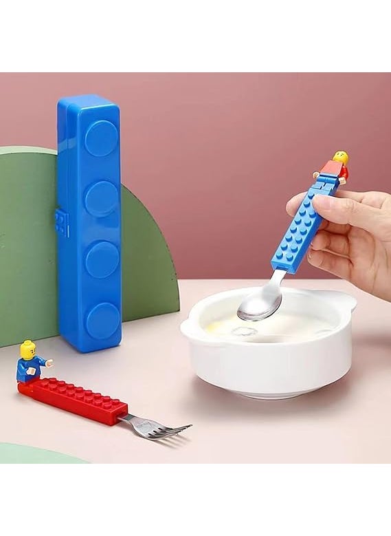 Gold Leaf GOLD LEAF Building Block Cutlery Set Spoon and Fork with building blocks Figures ans case For Kids Adults Utensils for Party Blue and Red set  - Image 4