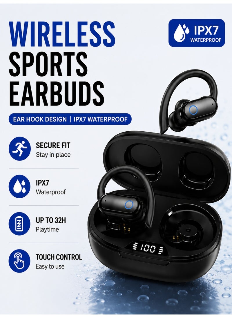 Kasa Wireless Earbuds Bluetooth Sports Headphones, IPX7 Waterproof Ear Hook Earphones with Touch Control, 32H Playtime Charging Case, Running Workout Headset for Android & iPhone, Black - Image 1