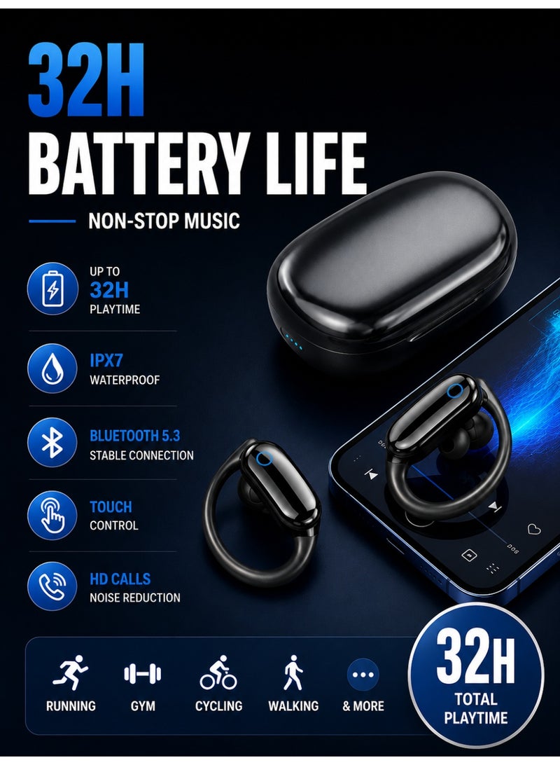 Kasa Wireless Earbuds Bluetooth Sports Headphones, IPX7 Waterproof Ear Hook Earphones with Touch Control, 32H Playtime Charging Case, Running Workout Headset for Android & iPhone, Black - Image 2