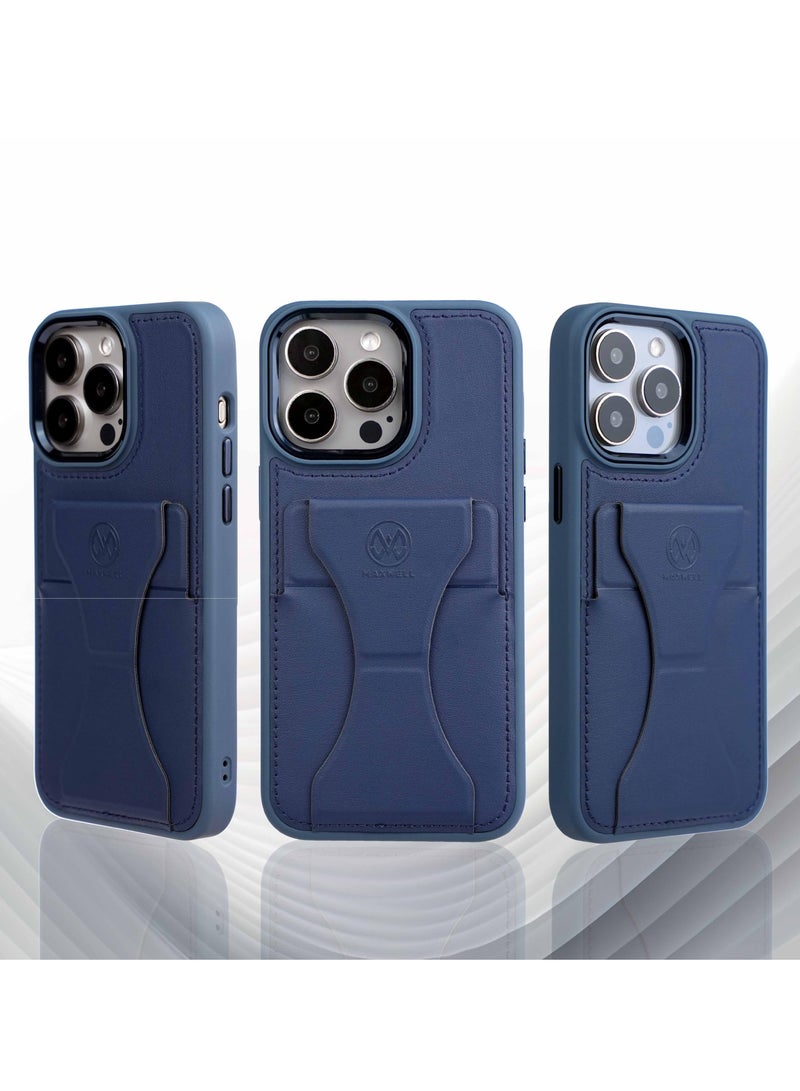 Maxwell Electronics Maxwell Folding Card Slot Case Compatible with iPhone 15 Pro Max - Drop-Proof, Full Protection with Metallic Camera Lens Protection, Built-In Card Holder, Viewing Stand - (Blue) - Image 5