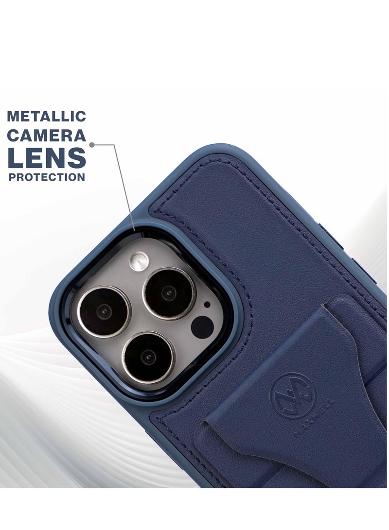 Maxwell Electronics Maxwell Folding Card Slot Case Compatible with iPhone 15 Pro Max - Drop-Proof, Full Protection with Metallic Camera Lens Protection, Built-In Card Holder, Viewing Stand - (Blue) - Image 3