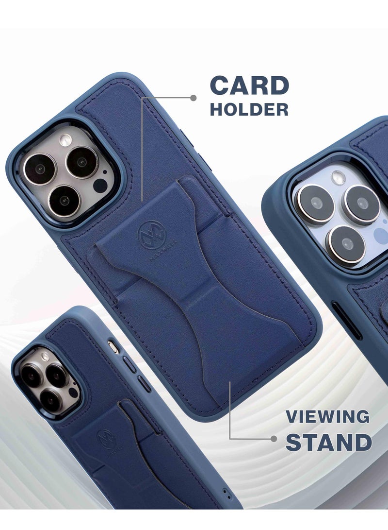Maxwell Electronics Maxwell Folding Card Slot Case Compatible with iPhone 15 Pro Max - Drop-Proof, Full Protection with Metallic Camera Lens Protection, Built-In Card Holder, Viewing Stand - (Blue) - Image 4