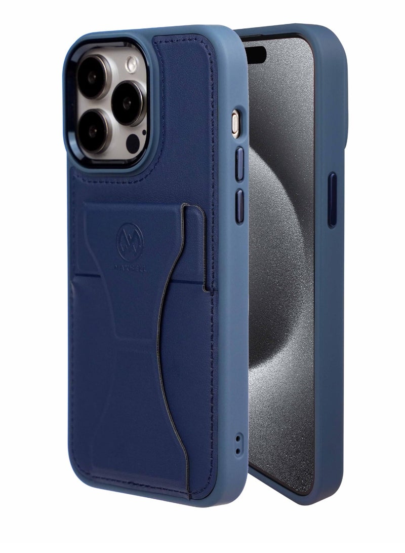 Maxwell Electronics Maxwell Folding Card Slot Case Compatible with iPhone 15 Pro Max - Drop-Proof, Full Protection with Metallic Camera Lens Protection, Built-In Card Holder, Viewing Stand - (Blue) - Image 1