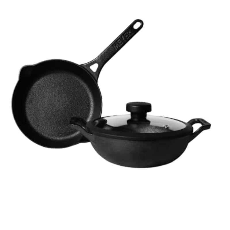 MEYER Meyer Pre- Seasoned Cast Iron 3 Piece Cookware Set - 20cm Frypan + 20cm Kadai with Interchangeable Lid, Black  - Image 1