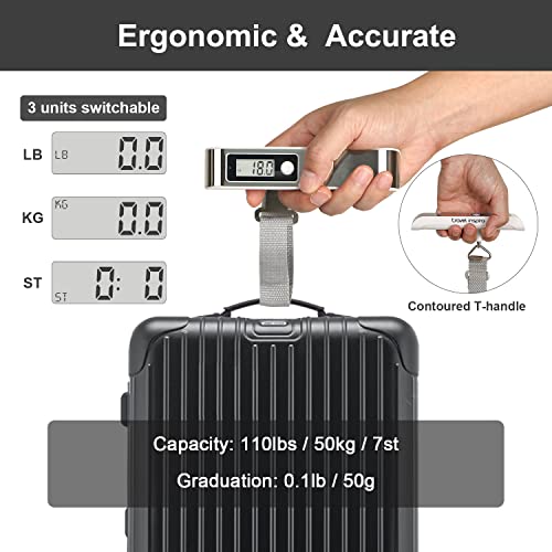 travel inspira Luggage Scale,Digital Luggage Scales,Baggage Scale with Overweight Alert LCD Display 110LB / 50KG, Stainless Steel (White) - Image 3
