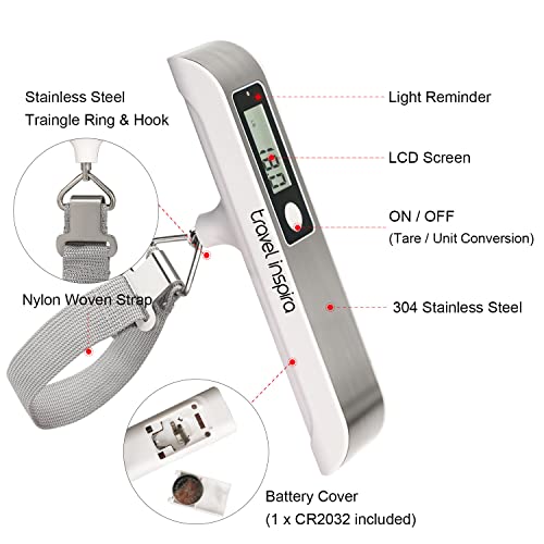 travel inspira Luggage Scale,Digital Luggage Scales,Baggage Scale with Overweight Alert LCD Display 110LB / 50KG, Stainless Steel (White) - Image 5
