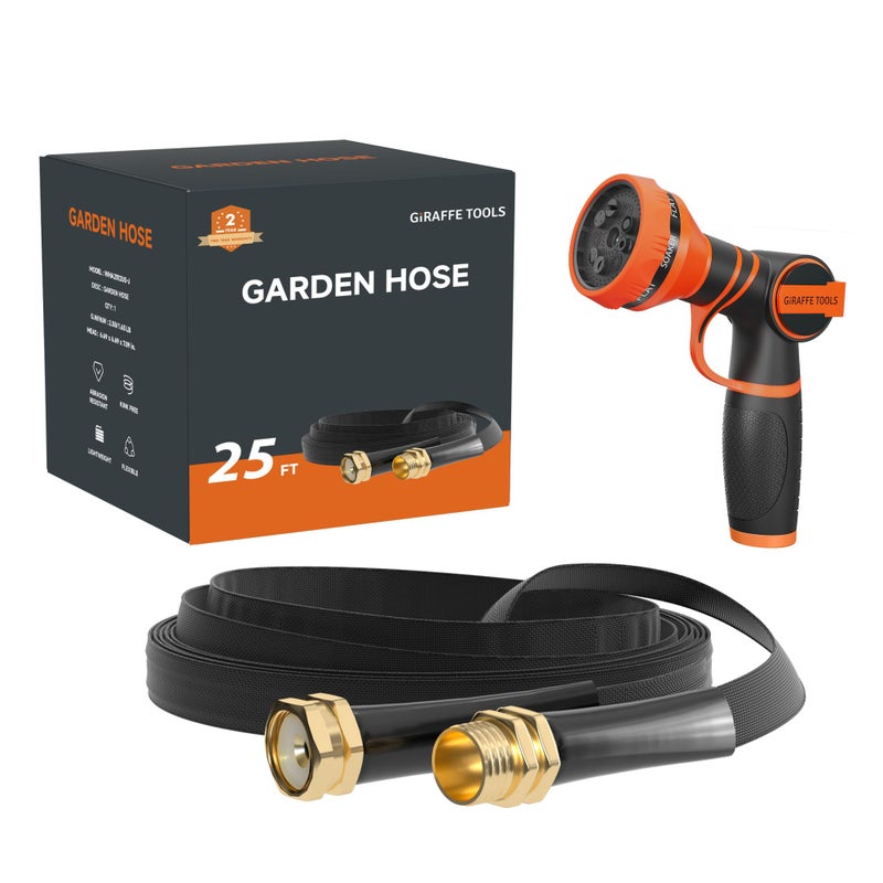 Giraffe Tools Garden Hose 25FT Lightweight Lay Flat Water Hose Kink Free Flexible Hose with 9 Spray Function Nozzle, Black - Image 1