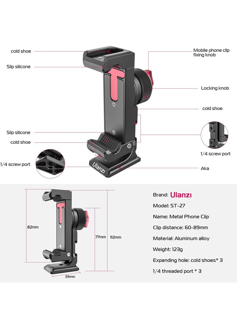 PICTRON - Ulanzi St 27 Aluminum Phone Tripod Mount W 3 Cold Shoes Arca Swiss Cell Phone Tripod Mount Adapter W 3 1 and 4 Inch Interfaces 360 Adjustable Phone Tripod Bracket Holder for Iphone Samsung and All Pho - Image 1