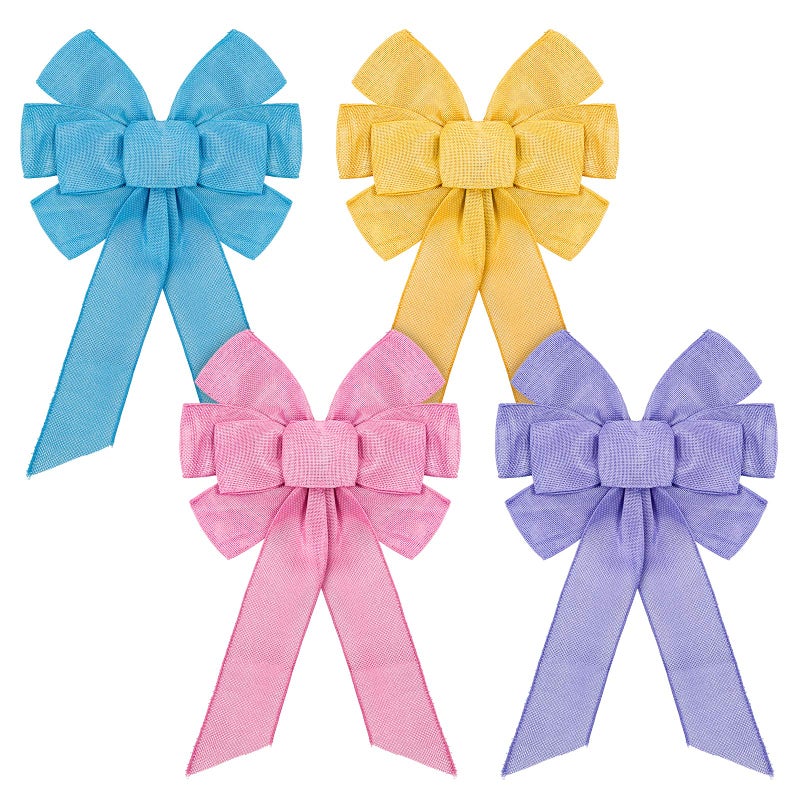 Whaline Whaline 4pcs Spring Wreath Bow Large Easter Colorful Wreath Bow Decoration Wreath Ribbon Bows Pink Purple Yellow Blue Tree Bows Decorative Burlap Bows Decorations Ornaments for Spring Party 