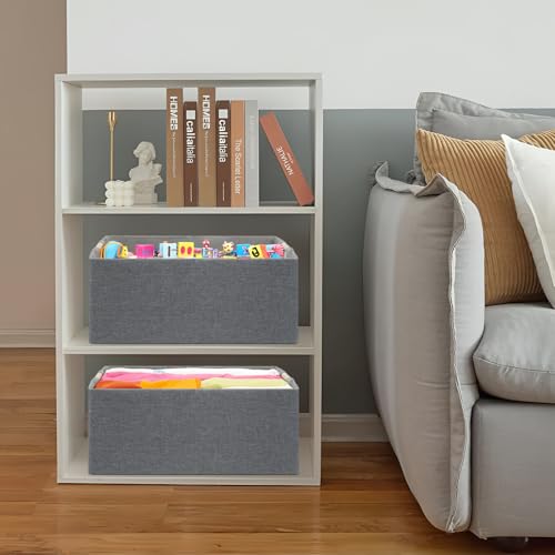 Jukercici Foldable Fabric Storage Cubes, 2 Packs Cloth Storage Baskets with Wooden Handles, Collapsible Shelf Closet Organizer Bins, Rectangular Storage Boxes for Decor (Gray 2 Pack) - Image 5