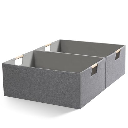 Jukercici Foldable Fabric Storage Cubes, 2 Packs Cloth Storage Baskets with Wooden Handles, Collapsible Shelf Closet Organizer Bins, Rectangular Storage Boxes for Decor (Gray 2 Pack) - Image 1