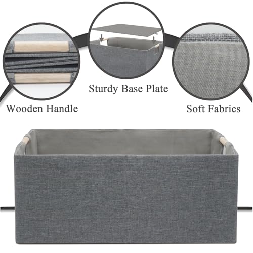 Jukercici Foldable Fabric Storage Cubes, 2 Packs Cloth Storage Baskets with Wooden Handles, Collapsible Shelf Closet Organizer Bins, Rectangular Storage Boxes for Decor (Gray 2 Pack) - Image 3