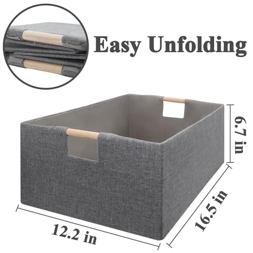 Jukercici Foldable Fabric Storage Cubes, 2 Packs Cloth Storage Baskets with Wooden Handles, Collapsible Shelf Closet Organizer Bins, Rectangular Storage Boxes for Decor (Gray 2 Pack) - Image 2