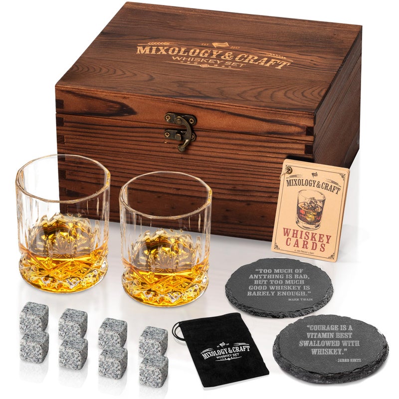 Mixology & Craft Mixology  Craft Whiskey Set 2 Glasses 8 Stones Coasters  Cards