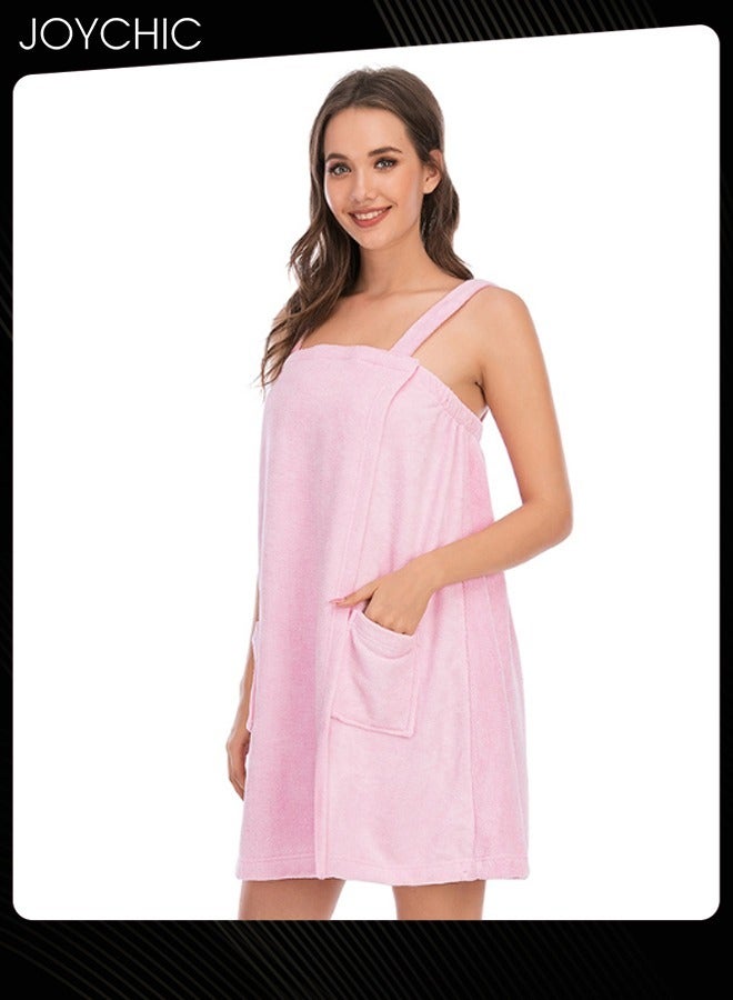 Joychic Women Solid Color Polyester Skin-friendly and Absorb- water Bathrobe Massage Stickers Suspenders Nightgown with Pockets for All Seasons Pink - Image 3