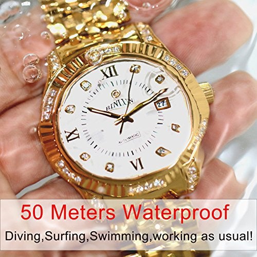 BINLUN 18K Gold Plated Wrist Watches Automatic Watch for Men Diamond Luxury Men's Dress Watch Luminous Hands Wrist Watches Gold Strap - Image 4