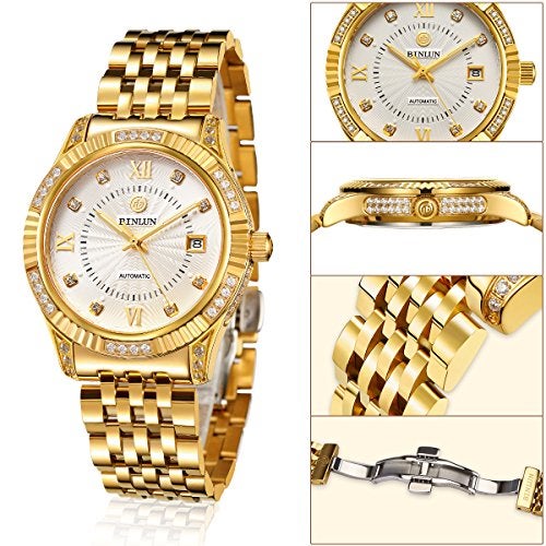 BINLUN 18K Gold Plated Wrist Watches Automatic Watch for Men Diamond Luxury Men's Dress Watch Luminous Hands Wrist Watches Gold Strap - Image 3