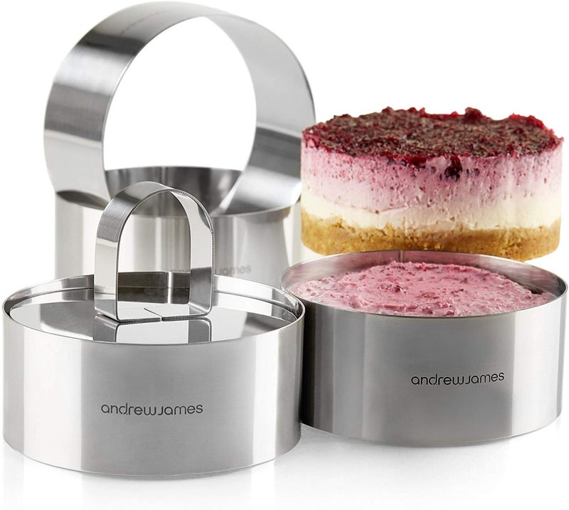 Andrew James Cooking Rings  Set of 4 Stainless Steel Chef Rings for Moulding  Presentation  Includes Food Press  Lifter  Freezer Oven  Dishwasher Safe 4cm x 6cm