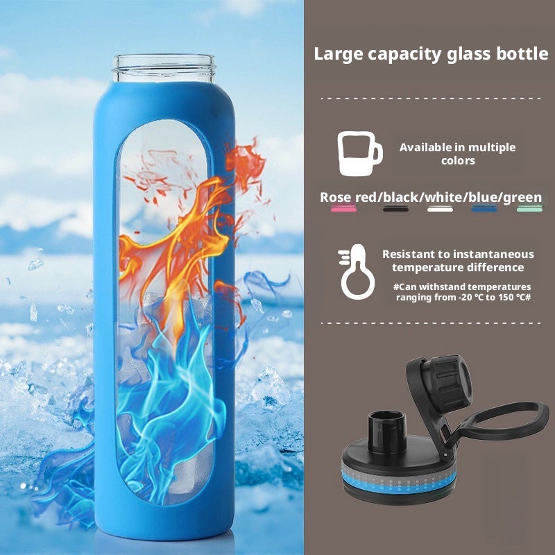 Borosilicate Glass Water Bottle 1L with Scale Silicone Sleeve Heat Resistant Portable Sports Bottle - Image 1