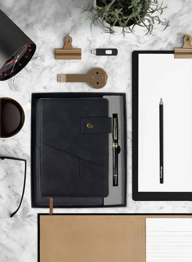 متجر الفرح دفتر يوميات جلدي مسطر مقاس A5، طقم يوميات غلاف مقوى مع قلم وصندوق هدايا، 200 صفحة، ورق سميك مسطر 100 جرام للمتر المربع، يوميات يومية للرجال والنساء، المدرسة، السفر، الأعمال، العمل، الكتابة، 5.9 بوصة × 8.4 بوصة، أسود - Image 2