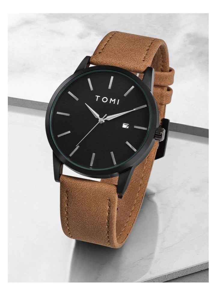 TOMI Men's Watch, Luxury, Prestigious Brand, Water Resistant, Simple Dual Calendar Watch for Men, Comfortable Leather Strap, Modern Casual, Quartz Movement - Image 1