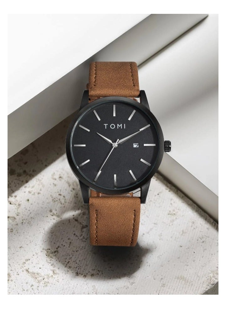 TOMI Men's Watch, Luxury, Prestigious Brand, Water Resistant, Simple Dual Calendar Watch for Men, Comfortable Leather Strap, Modern Casual, Quartz Movement - Image 2