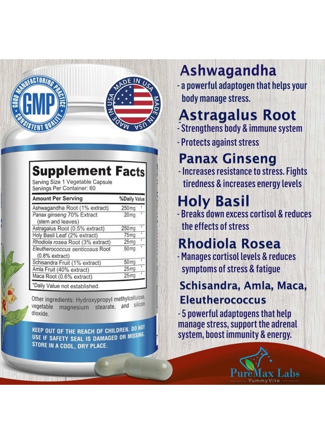 YUMMYVITE Adaptogen Stress Relief Immune Support Formula - Adaptogenic Adrenal Support with Ashwagandha, Astragalus, Ginseng, Holy Basil, Rhodiola, Amla, Maca, Schisandra, Non-GMO - 60 Capsules - Image 2