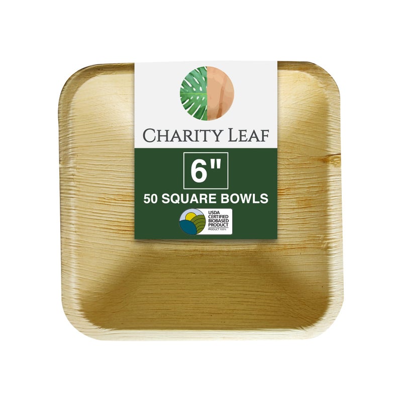 Charity Leaf Disposable Palm Leaf 6"" Square Bowl (50 pcs) Dipping Bowls | Bamboo Like| All Natural and Biodegradable | Charcuterie Boards  BBQs  and Parties - Image 1
