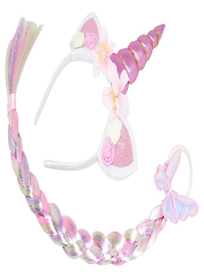 FAVELA Unicorn Headband with Rainbow Hair for Girls | Cute Unicorn Hairband with Cat Ears and Flowers | Small Kids Hair Accessories Set Ideal for Party, Photo and Birthday Decoration (Pink) - Image 4