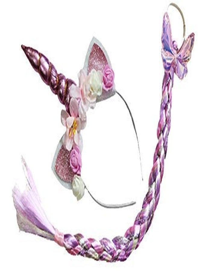 FAVELA Unicorn Headband with Rainbow Hair for Girls | Cute Unicorn Hairband with Cat Ears and Flowers | Small Kids Hair Accessories Set Ideal for Party, Photo and Birthday Decoration (Pink) - Image 3