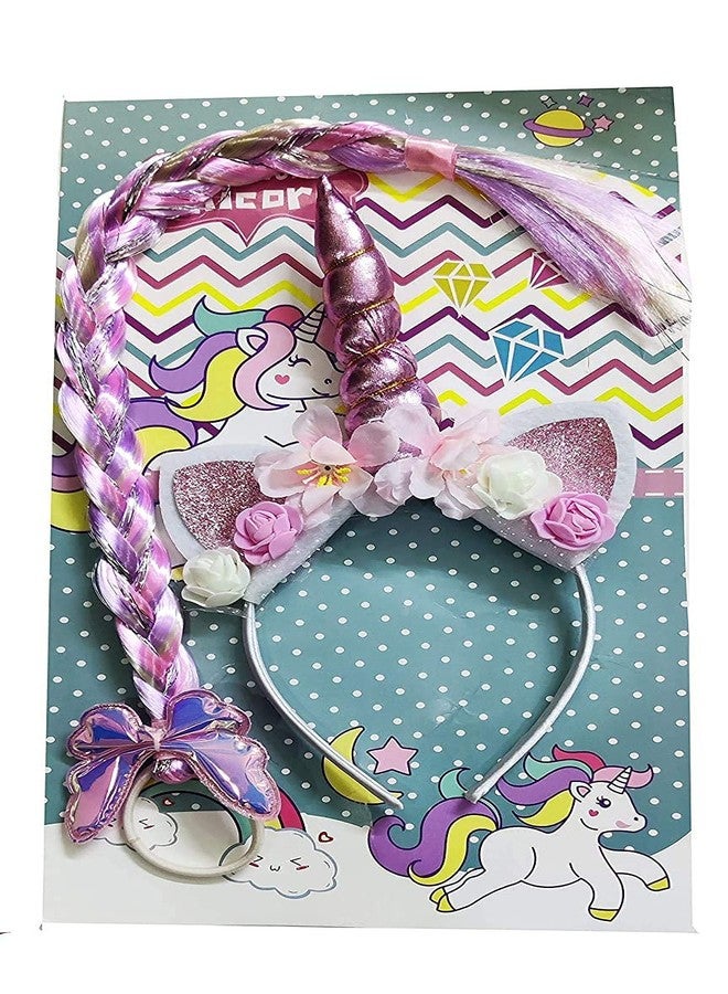 FAVELA Unicorn Headband with Rainbow Hair for Girls | Cute Unicorn Hairband with Cat Ears and Flowers | Small Kids Hair Accessories Set Ideal for Party, Photo and Birthday Decoration (Pink) - Image 1