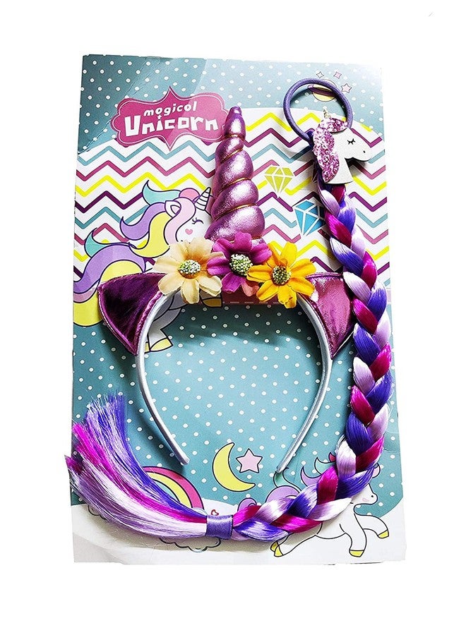 FAVELA Unicorn Headband with Rainbow Hair for Girls | Cute Unicorn Hairband with Cat Ears and Flowers | Small Kids Hair Accessories Set Ideal for Party, Photo and Birthday Decoration (Pink) - Image 2