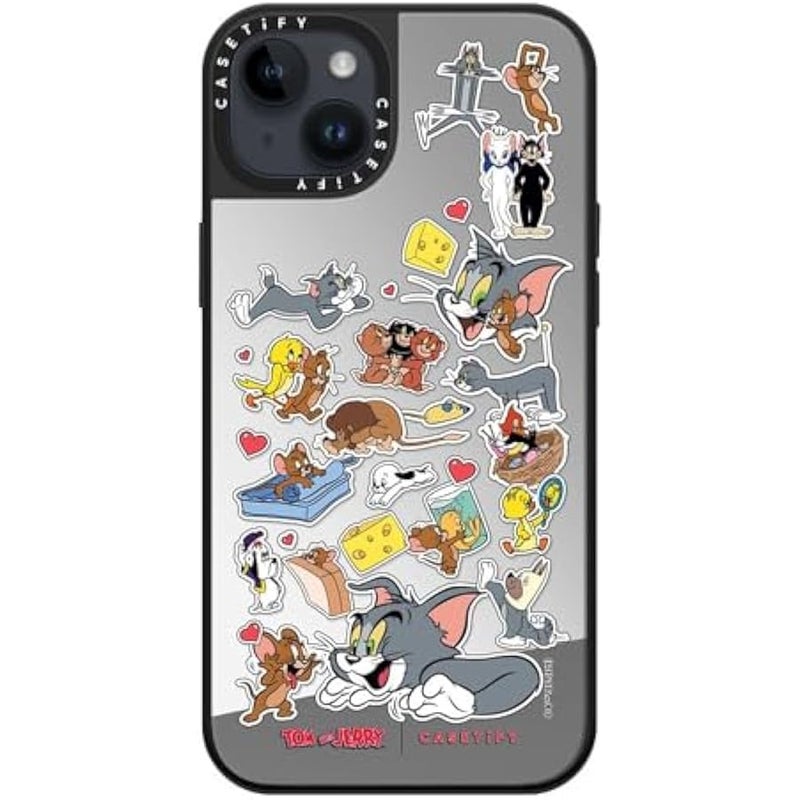 Casetify Mirror Case for iPhone 14 Plus 【Tom and Jerry Colab/Reflective / 4.9ft Drop Protection/Compatible with Magsafe】 - Family Sticker - Silver on Black - Image 4