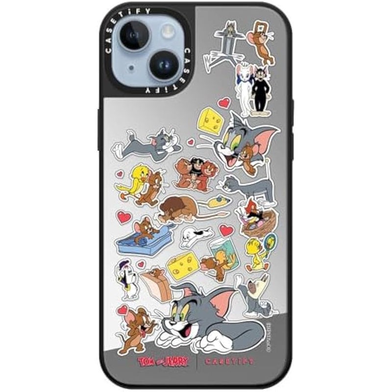 Casetify Mirror Case for iPhone 14 Plus 【Tom and Jerry Colab/Reflective / 4.9ft Drop Protection/Compatible with Magsafe】 - Family Sticker - Silver on Black - Image 3