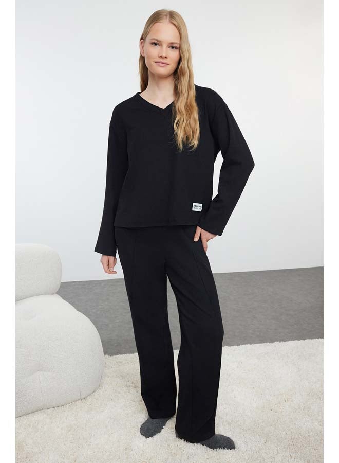 trendyol Black Slogan Label Detailed Waffle Knitted Pajama Set THMAW25PT00081  - Image 1