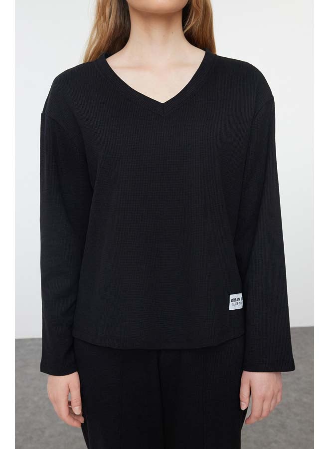 trendyol Black Slogan Label Detailed Waffle Knitted Pajama Set THMAW25PT00081  - Image 3