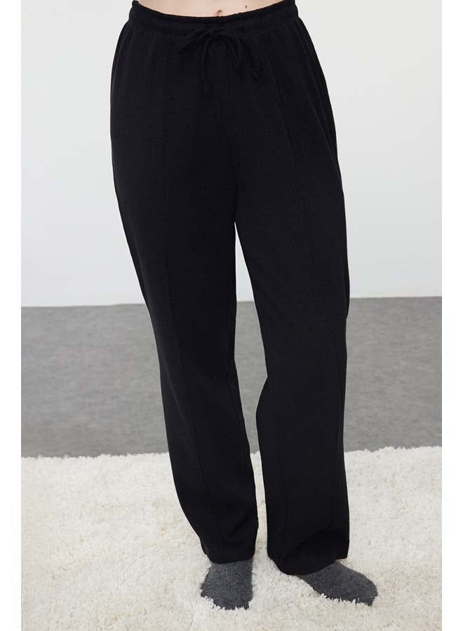 trendyol Black Slogan Label Detailed Waffle Knitted Pajama Set THMAW25PT00081  - Image 4